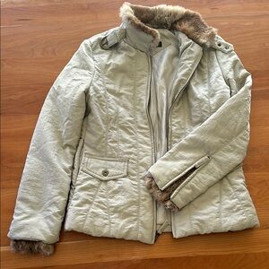 Via Spiga Rabbit trim Cream Puffer Jacket with Quilted Design